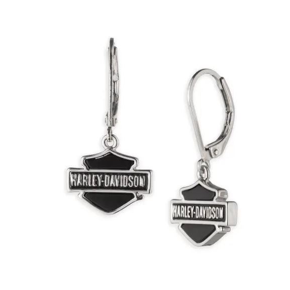 Harley-Davidson dámské visací náušnice Onyx Bar & Shield – Stříbrná/Černá – 34G00265
