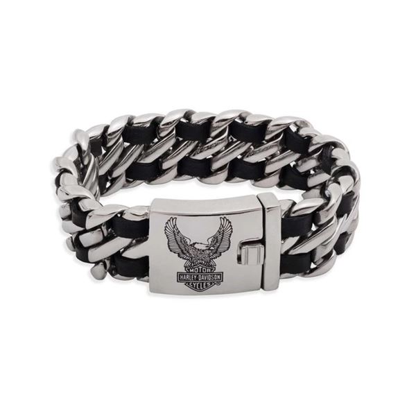 Harley-Davidson pánský náramek Flying Eagle – Nerez a černá kůže – 34B00266