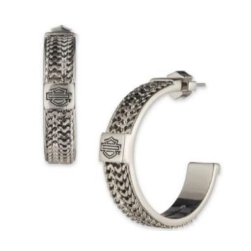 Harley-Davidson dámské kruhové náušnice Chain Bar & Shield – Nerez – 34G00185