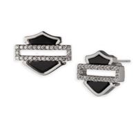 Harley-Davidson dámské náušnice Onyx & Crystal Pavé Bar & Shield – Stříbrná/Černá – 34G00264