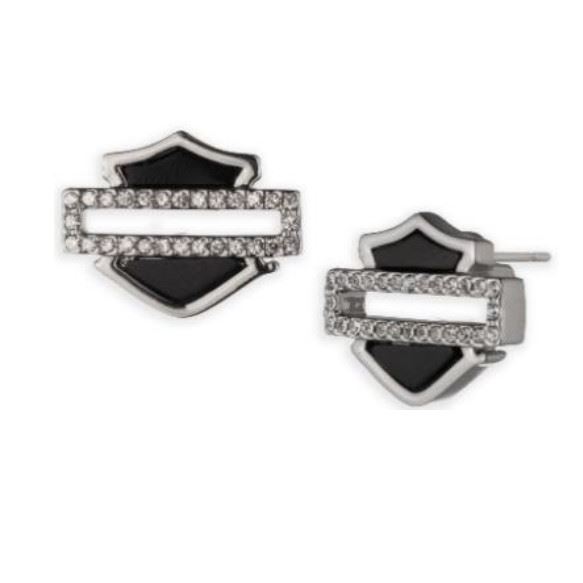Harley-Davidson dámské náušnice Onyx & Crystal Pavé Bar & Shield – Stříbrná/Černá – 34G00264