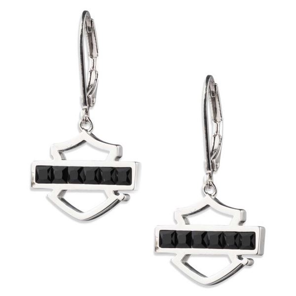 Harley-Davidson dámské visací náušnice Black Crystal Bar & Shield – Stříbrná/Černá – 34G00270