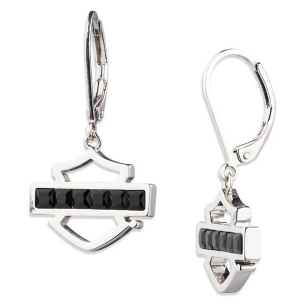 Harley-Davidson dámské visací náušnice Black Crystal Bar & Shield – Stříbrná/Černá – 34G00270