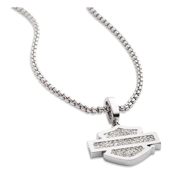 Harley-Davidson dámský náhrdelník s přívěskem Pave Crystal Bar & Shield – Stříbrná – 34N00343