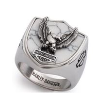 Harley-Davidson pánský prsten Flying Eagle Crest – Stříbrná s bílým howlitem – 34R000078