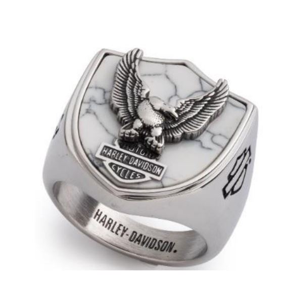 Harley-Davidson pánský prsten Flying Eagle Crest – Stříbrná s bílým howlitem – 34R000078