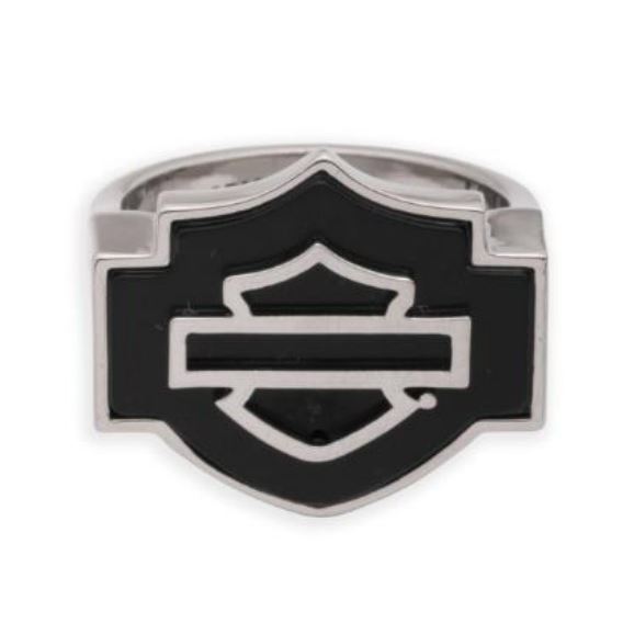 Harley-Davidson pánský pečetní prsten Onyx Bar & Shield – Stříbrná/Černá – 34R0079